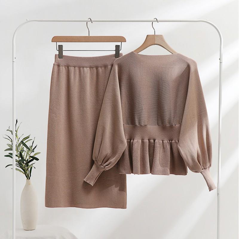 Fashion Suit Women's Retro Bag Hip Waist Slimming Knitted Dress Two-piece Set