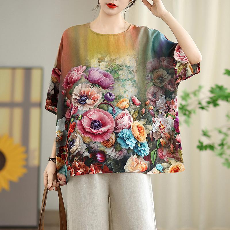 DIMANAF 2025 Summer Plus Size T-Shirt Women Flower Printing Short Sleeve Vintage New Loose Tops Tees Maxi