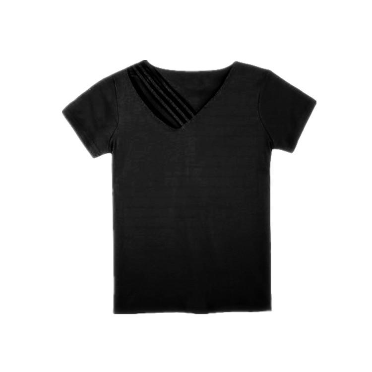 Summer Korean Version Slimming Short Sleeved Solid Color Base Shirt V-neck Shoulder Slip T-shirt Fashion Women's Clothing
