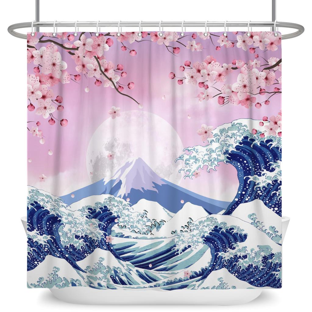 Japanese Style Wave Shower Curtain Ukiyo E Art Cherry Blossom Print Waterproof Bath Curtain Bathroom Decor Polyester With Hooks