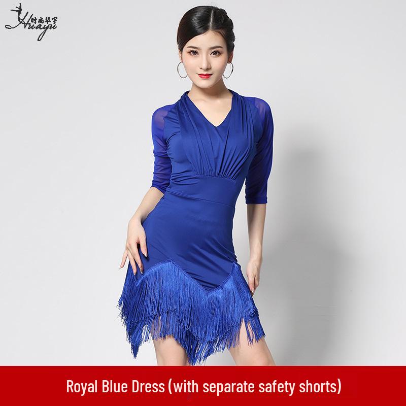 Huayu Dance Latin Mesh Pearl Tassel Ballroom Costume