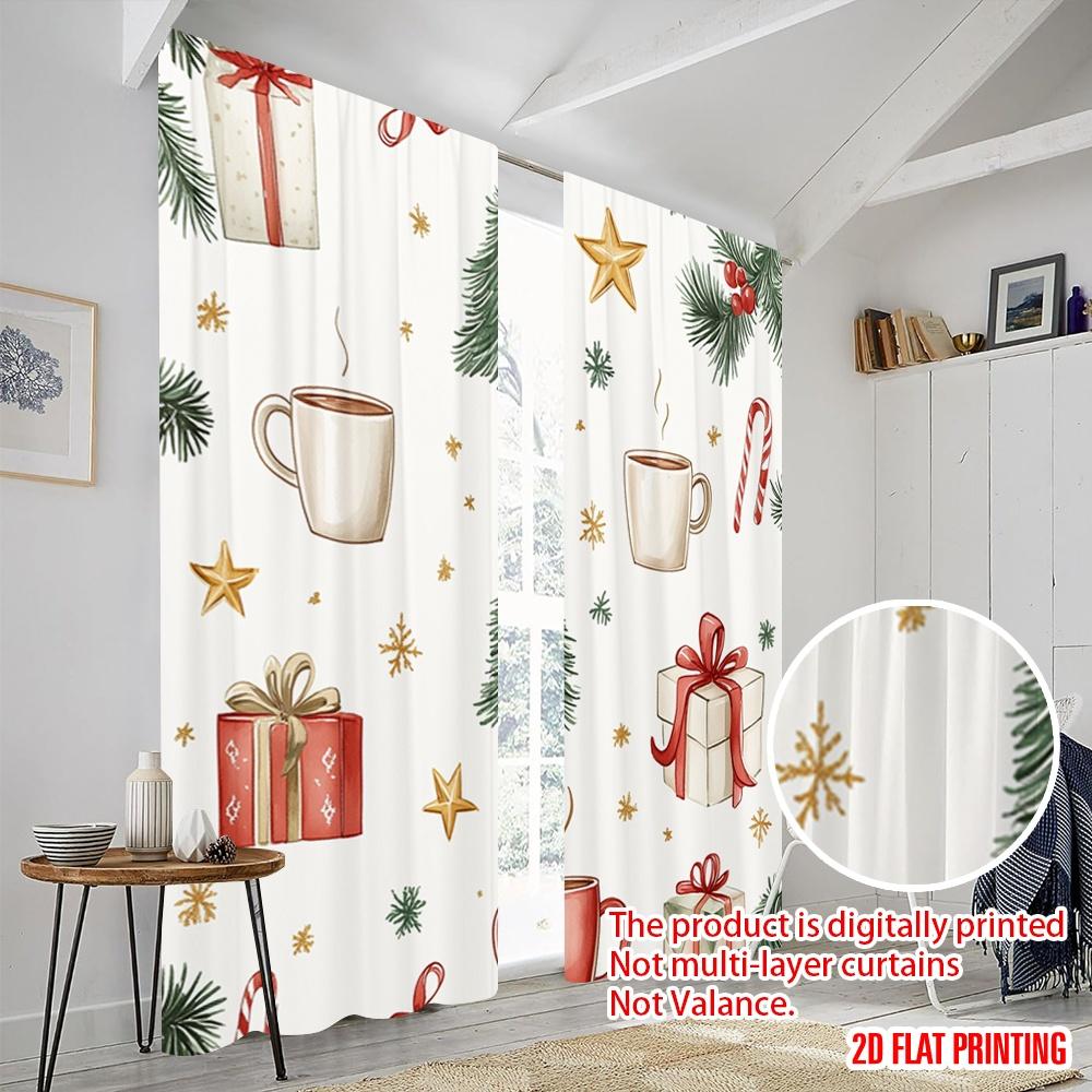 2pcs,2D Plane Printing Window Curtain Christmas Tree Gift Mug Snowflake Polyester (without Rod) Festive Ldeal for Bedroom,