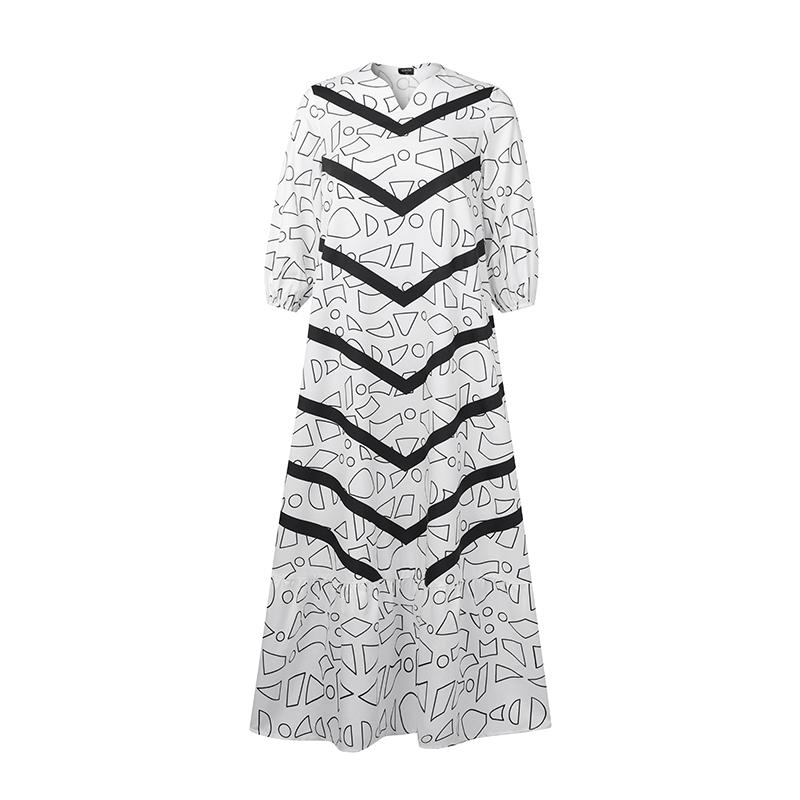 Oversized Women Casual Round Neck 3/4 Sleeve Striped Print Loose Maxi Ruffled Dress