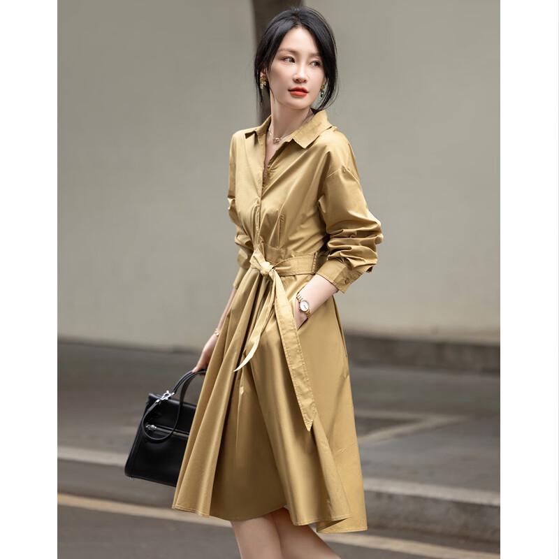 Demana French Lapel Tie-Waist Midi Shirt Dress L