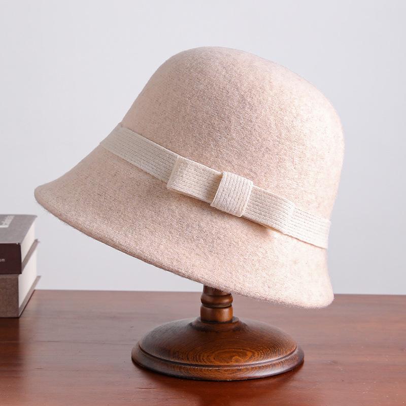 Vintage and Elegant 100% Wool Bow Top Hat for Women's Autumn and Winter New High-quality Warm Fisherman Hat Basin Hat