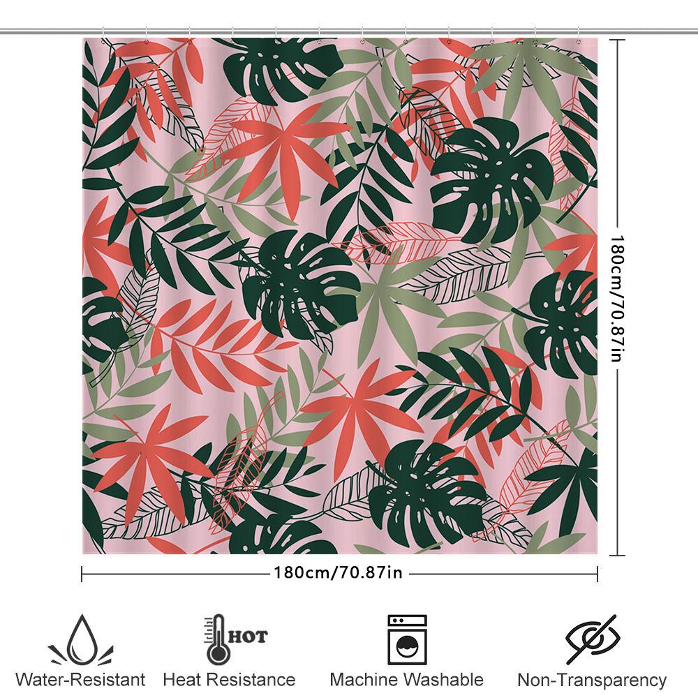 Modern Tropical Greenery Shower Curtain Pink With Green Red Leaves Bathroom Decor For Home Decoration Supplies (128 Characters)
