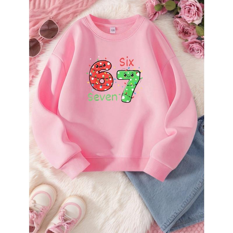 Kids Unisex Crewneck Sweatshirt, Christmas Light Cartoon Face 67 Six Seven Print Long Sleeve Pullover, Soft Sweatshirts for Boys Girls Ages 4+