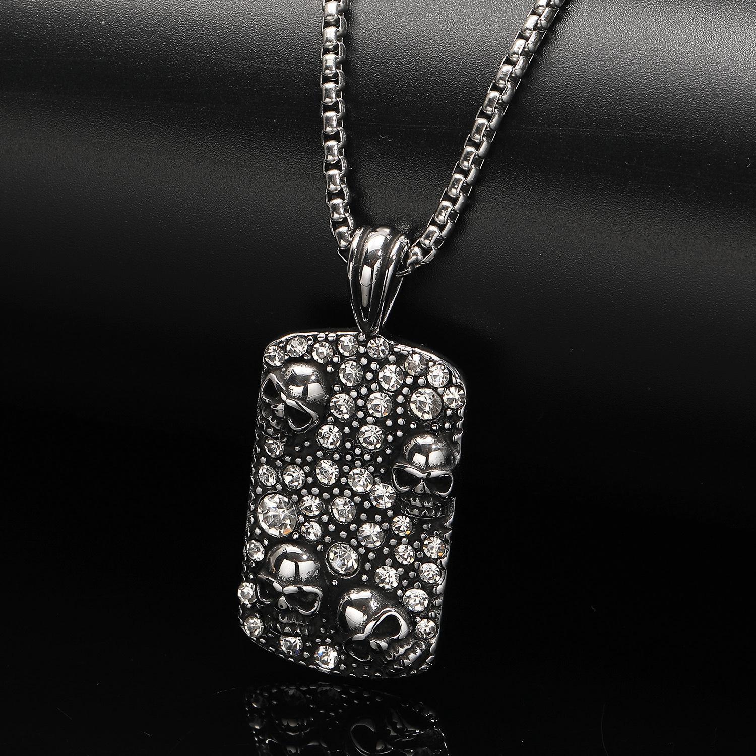 Hip-hop High-quality Stainless Steel Inlaid Zircon Skull Necklace Personalized Punk square Pendant Necklace Men s Gift 60cm