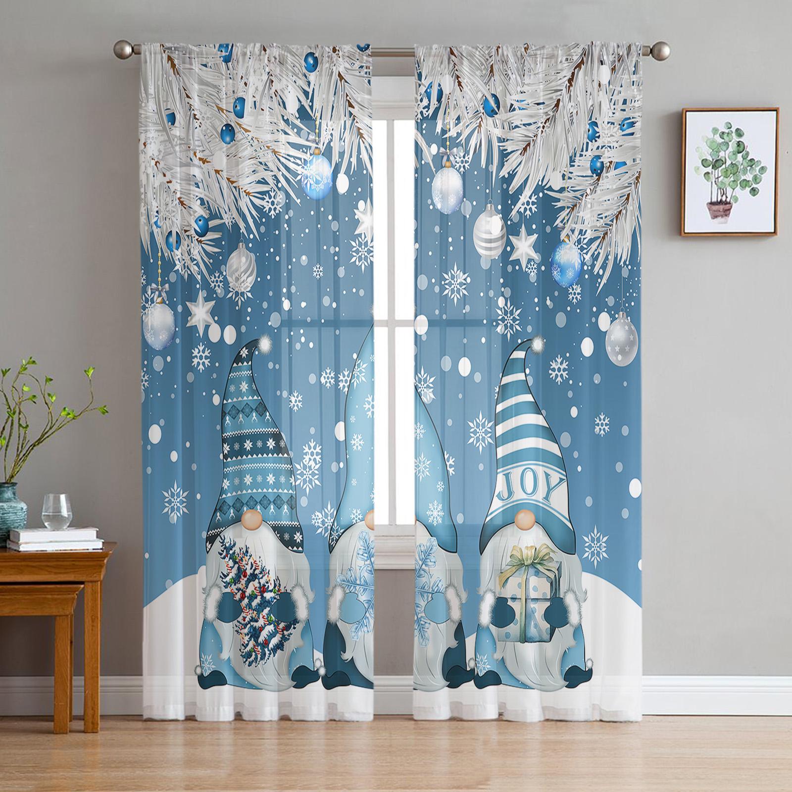 

Christmas Silver Fir Leaves Snowflakes Wood Grain Sheer Curtains Living Space Decorative Window Curtains Cooking Space Tulle Voile Curtains W135 x H115cm x1&Rod Pocket