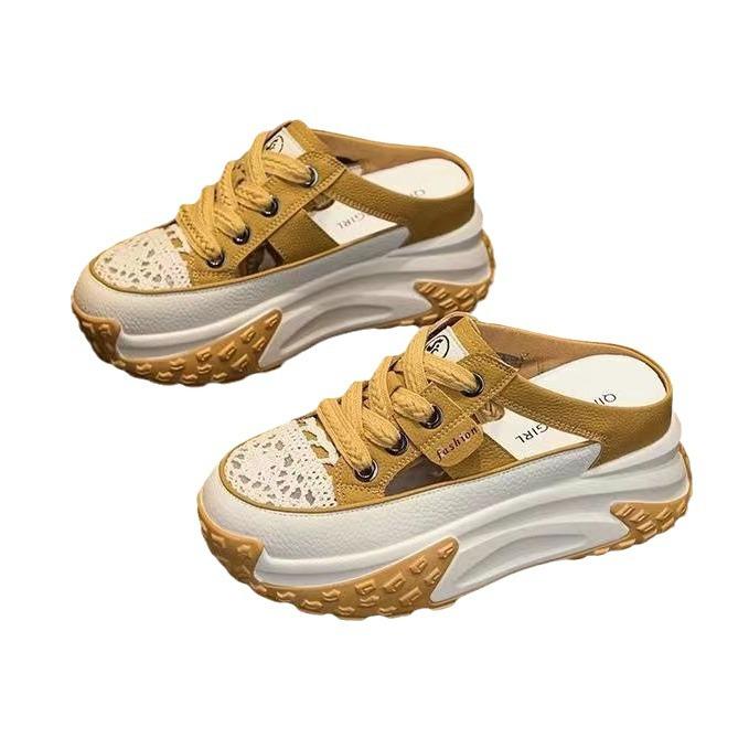 Baotou inner height increase half slippers women's summer wear 2025 new Internet celebrity explosion thick-soled hole white shoes