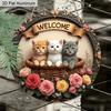 2D Flat Aluminum Welcome Sign Round Metal Sign with Cute, Rustic Farmhouse Spring Summer Porch Wall Hanging for Cat Lovers, Pre-Drilled Holes for