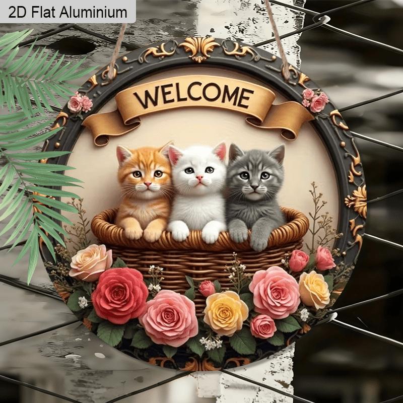 2D Flat Aluminum Welcome Sign Round Metal Sign with Cute, Rustic Farmhouse Spring Summer Porch Wall Hanging for Cat Lovers, Pre-Drilled Holes for