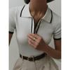 Strickpullover Pullover Damen Kurzarm Patchwork Schlankes Revers Elegantes Kontrast Stricktop Weiblicher Skinny Ripppullover