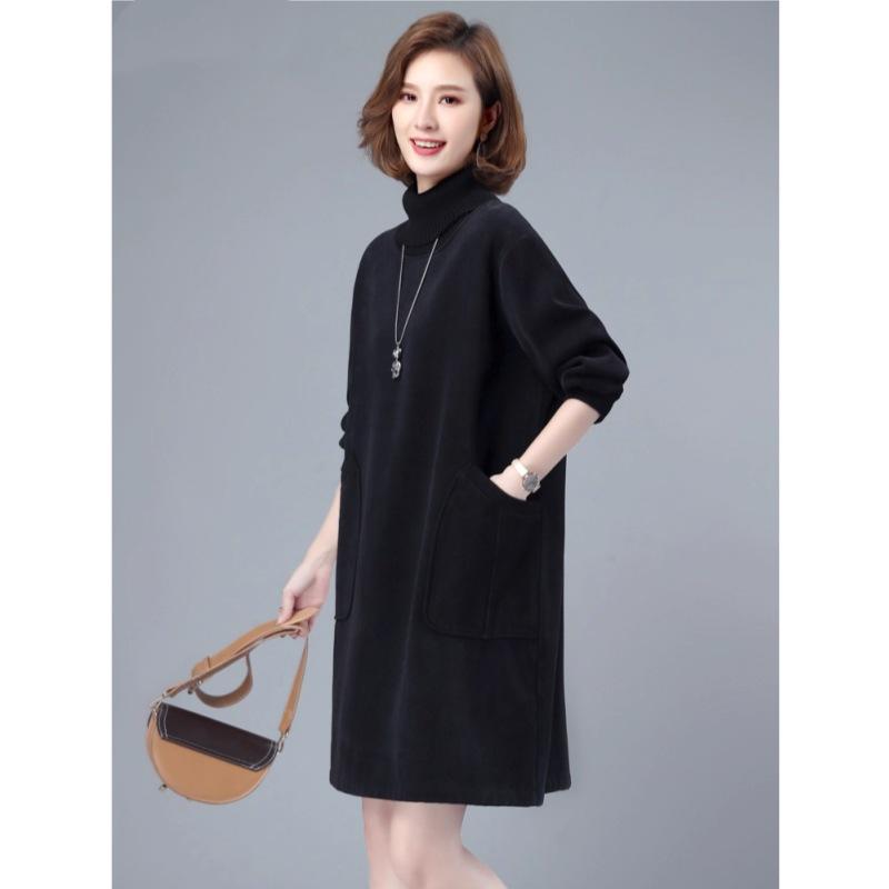 2025 Autumn/Winter High Neck Knit Sweatshirt with Long Sleeve & A-line Long Skirt Featuring Pocket Design