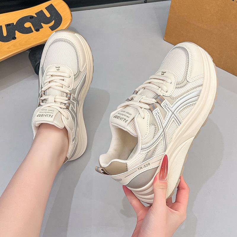 Spring thin round head lace-up breathable mesh sneakers ins trendy thick-soled casual running shoes