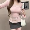 Tender Pink Spice Girl Square Collar Side Split Long-sleeved T-shirt Early Spring Tight Pleated Sexy Bottoming Top Women