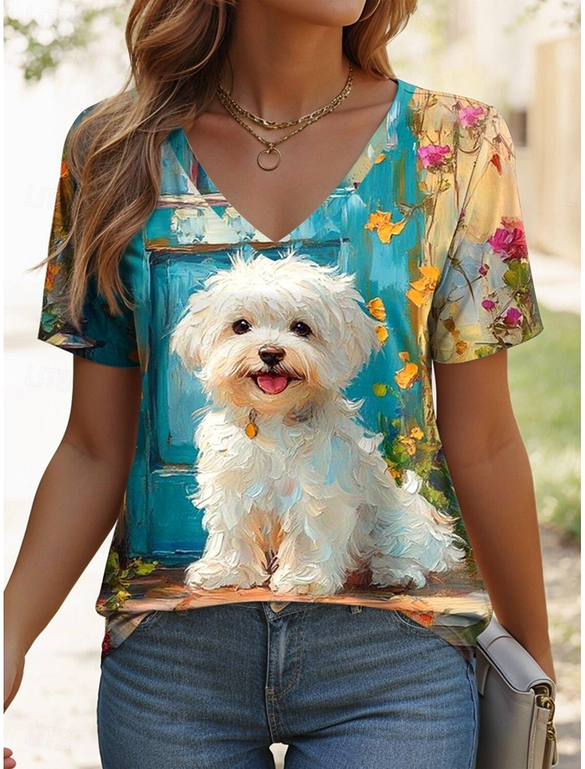 

Женская футболка с графическим принтом животного, винтажная, стильная, классическая, с коротким рукавом, V-образным вырезом, обычная, для повседневной носки, с принтом, женская одежда, топы для женщин 3XL