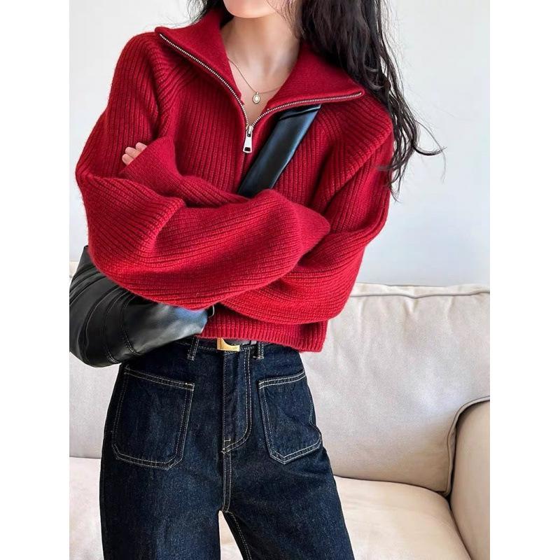 Women's Loose Knitted Pullovers Half Zipper Autumn Winter Turtleneck Sweaters Casual Comfortable Full Sleeve