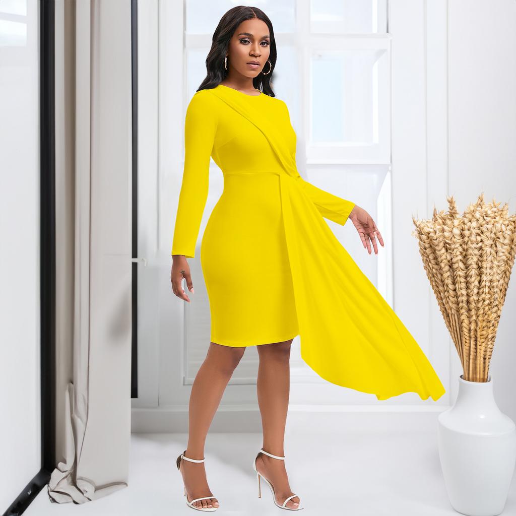 Large Size Women Spring Autumn Fashion Round Collar Long Sleeves Pencil Dress Ladies Elegant One Piece Solid Sheath Dress