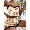 Women's Summer Sleepwear Lounge Pajama Sets Sexy Lingerie Lace Love Printed Crop Tops and Shorts Pijamas Set