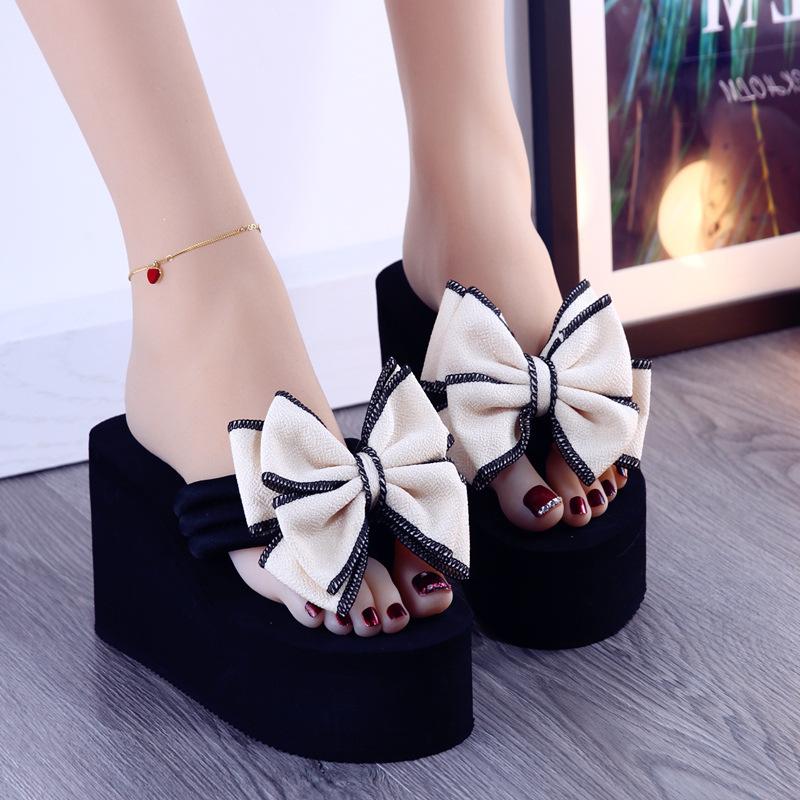 2025 new daily wedges platform slippers woman bow flip-flops lovely butterfly-knot slides female vacation beach flipflops