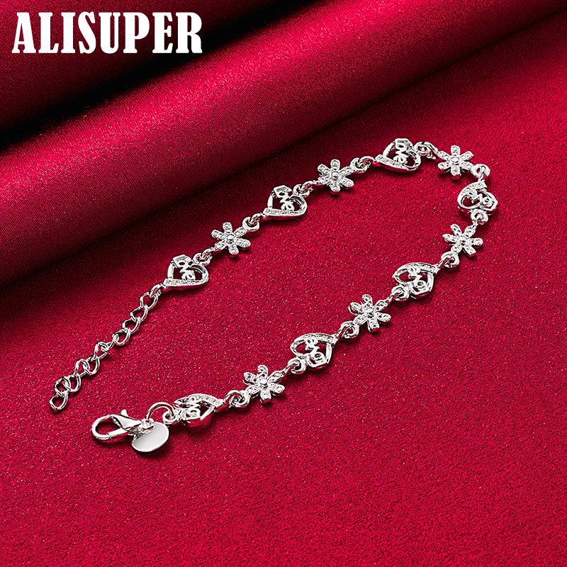 925 Sterling Silver Fashion Crystal Romantic Heart Flower Bracelet Jewelry