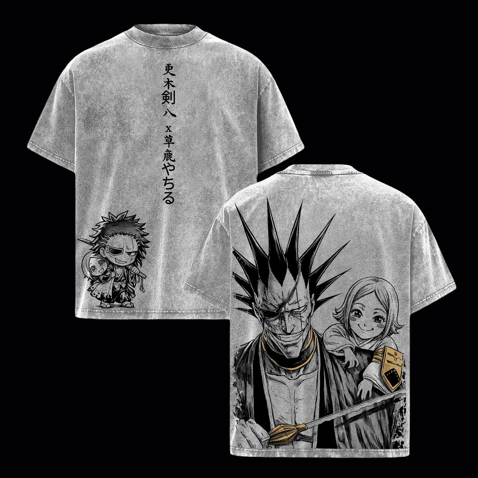 

BLEACH Zaraki Kenpachi Anime T-shirt Men Women Clothing Y2k Vintage Washed T Shirt Summer Short Sleeve 100% Cotton Tees Tops S серый