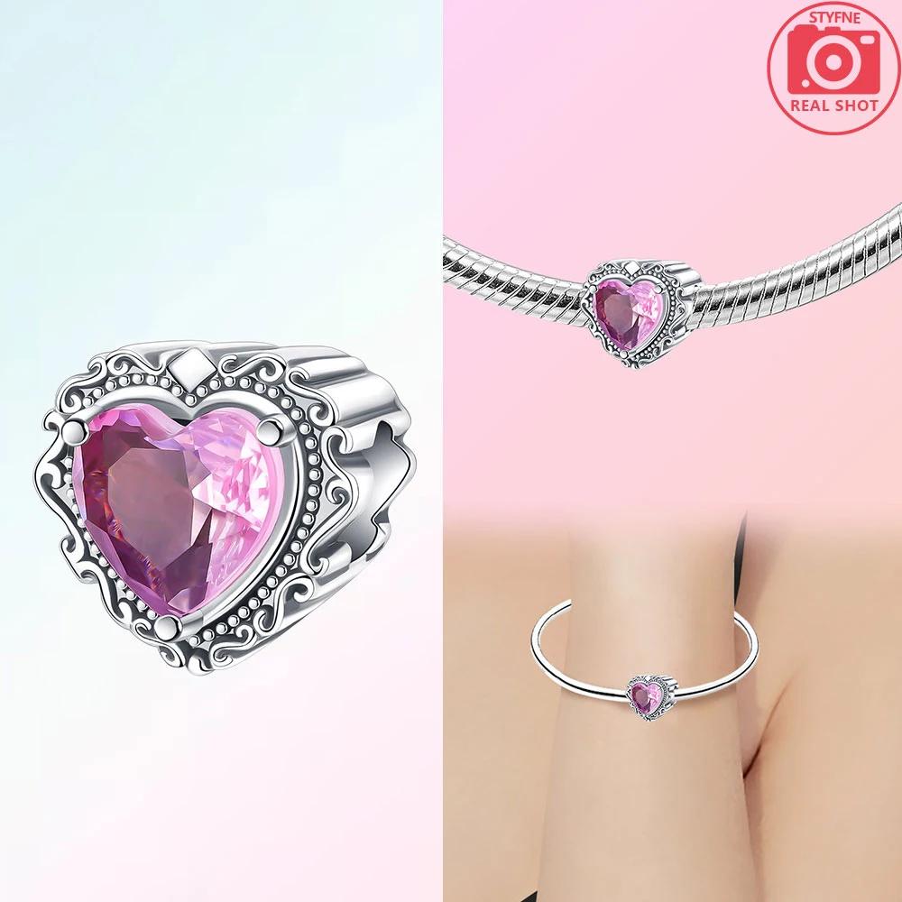 Genuine Charm Sunflower Heart Pink Zircon Crown Birthstone Bead Copper Fits Bracelets Jewellery WomanS Birthday Present DoItYourself
