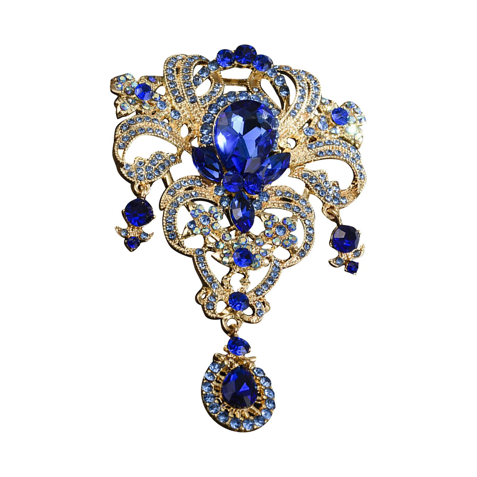 

Креативная брошь-корона из сплава, женская нагрудная цветочная женская ювелирная бижутерия с цветными водными бриллиантами и каплями воды One Size синий