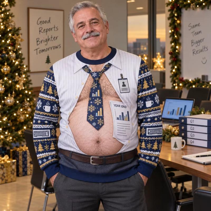 Office Tie Dad Bod Ugly Christmas Sweater Men 3D Print Polyester Crewneck Sweatshirt Funny Holiday Party Pullover