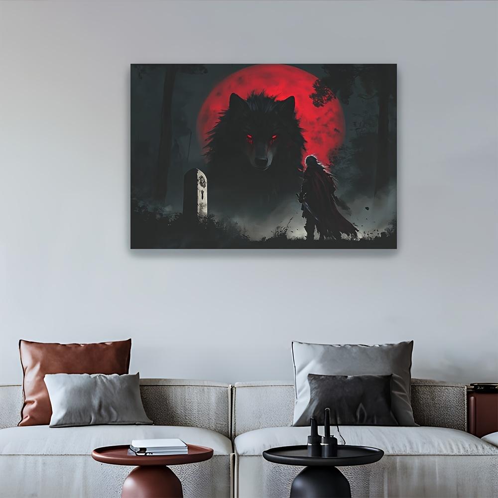 1pc Glam Style Polyester Wall Tapestry, Red-Eyed Long-Haired Black Wolf and Silhouette of Sword-Wielding Old for Man, Da