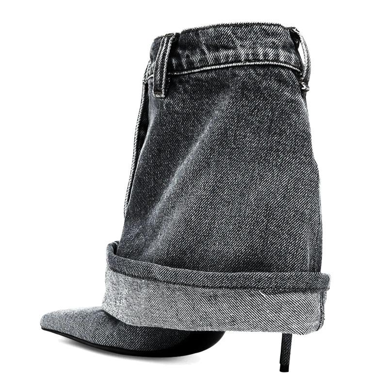 Fashion Blue Denim Slim Heel Cuffed Short Boots Rivet Pocket Design Pointed Toe Metal Buckle High Heel Fashion Large Size 45 Women Boots