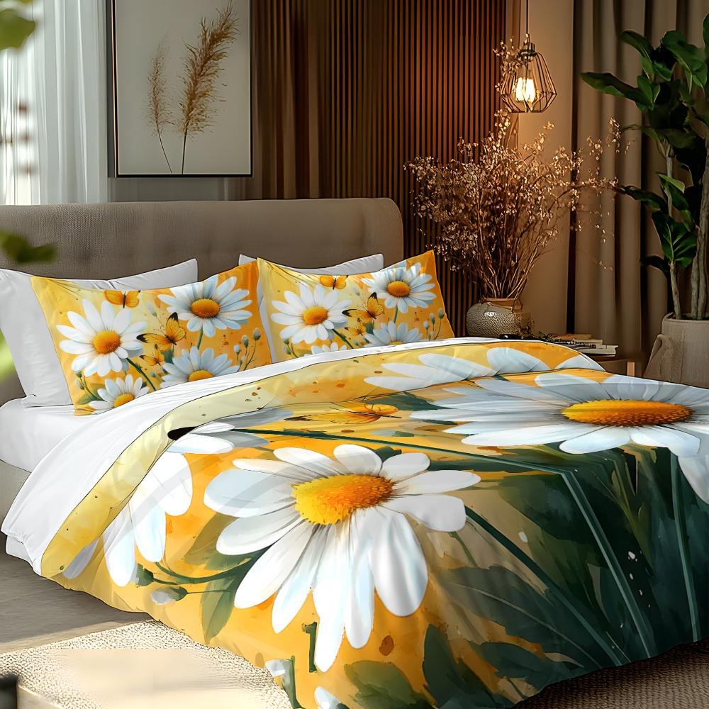 Daisy Butterfly Bedding Set Yellow Watercolor Floral Duvet Cover Set Soft Microfiber Quilt CoverPillowcase Home Textile Bedroom