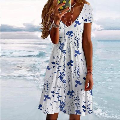 Sommermode Damen V-Ausschnitt Kurzarm Schöne Blumen bedrucktes Kleid Sex Kurzer Rock Kleider