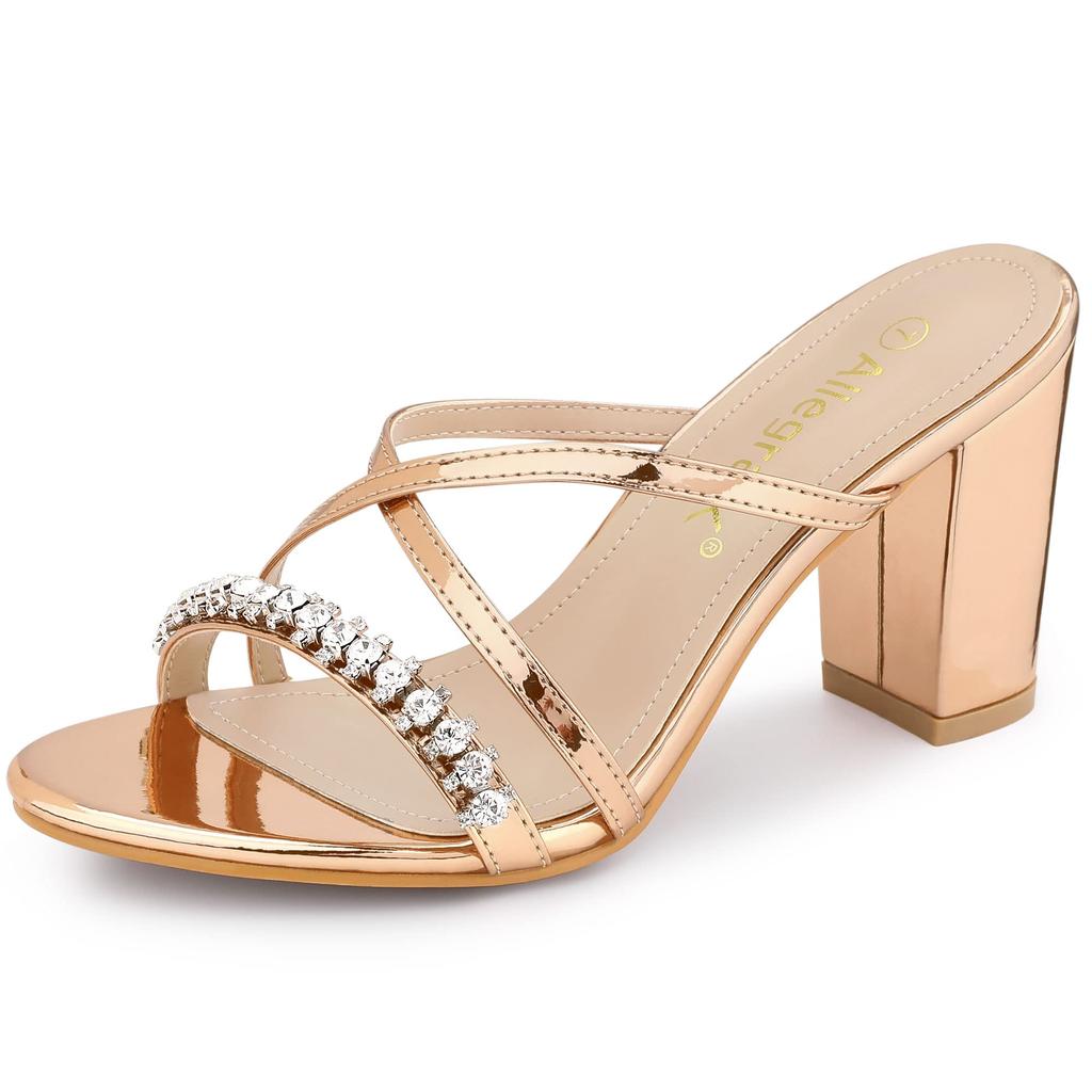 Allegra K Women's Rose Gold Slide Mule Sandals with Rhinestones, Cross Strap, Block Heel, Size 24.0cm