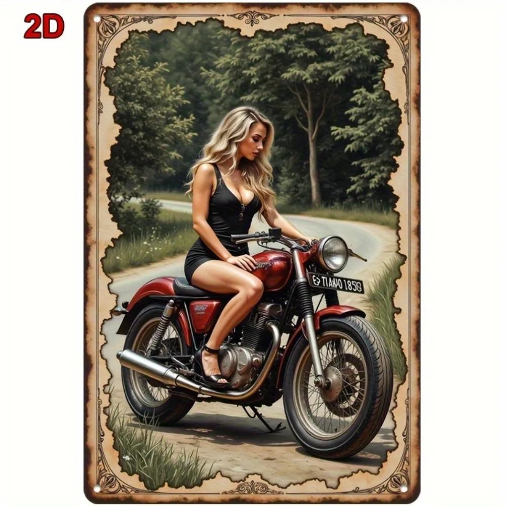 Vintage Motorcycle Metal Sign Pin-Up Girl Retro Garage Bar Decor 12x8in