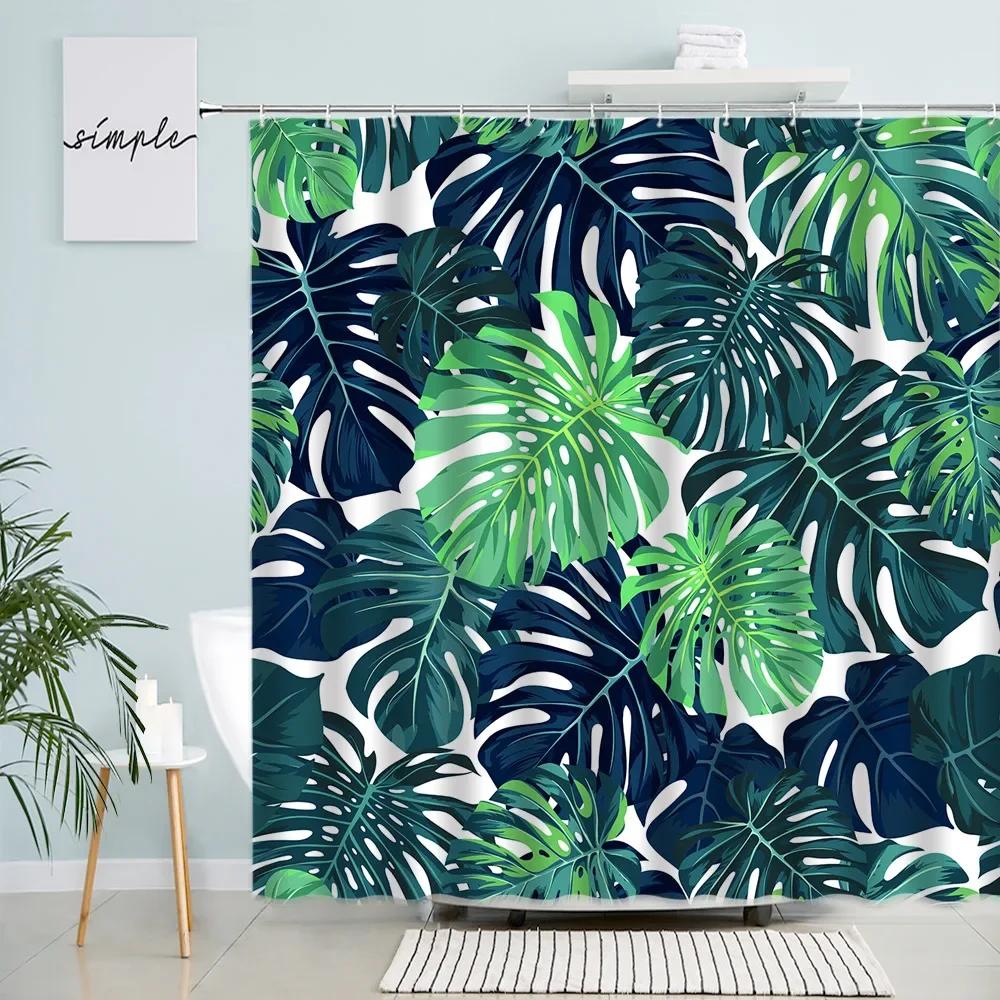 Tropical Plant Leaves Shower Curtains Creative Monstera Palm Banana Leaf Parrot Print Bath Curtain Set Bathroom Decor With Hooks