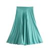 Women Fashion Solid Color Pleated Satin Midi Skirt Vintage High Waist Zipper Loose Female Skirts Streetwear