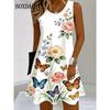 Women Summer Sundress Sexy O-Neck Sleeveless Dress Sundress Butterfly Flower Print Female Boho Knee-length Casual Dresses Loose