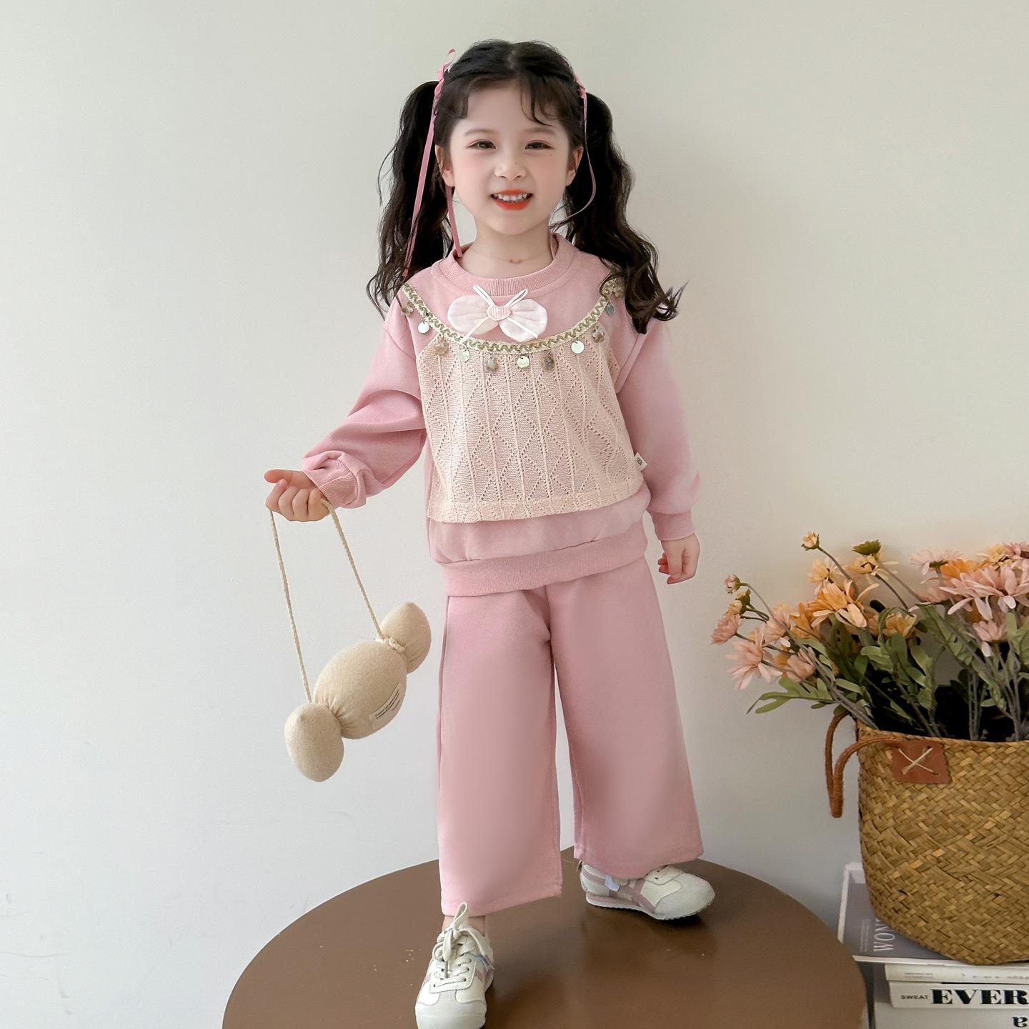 

Girls Stylish Two-Piece Set: Bow Sequin Long Sleeve Top & Pants for Autumn/Spring 140 cm рожевий