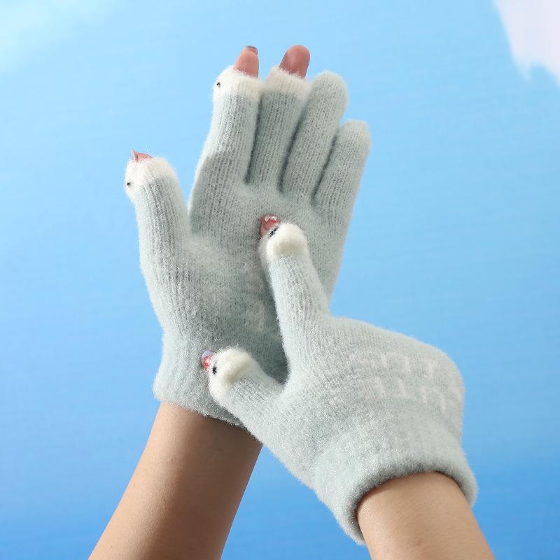 Winter Cartoon Cute Parent Child Gloves Riding Knitted Warm and Cold Baby Leaking Finger Gloves Yarn Thickened Gloves