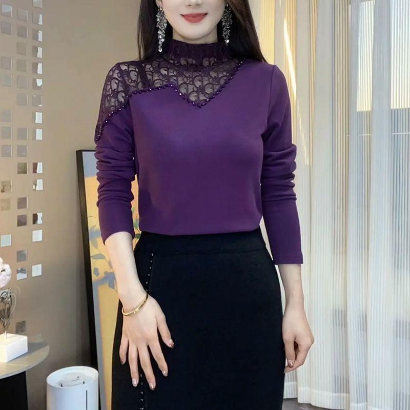 

Женская базовая рубашка с неровным полувысоким воротником, ажурным тиснением, ромбовидным узором, осенне-зимний темперамент, плотный двусторонний бархатный топ 3XL фиолетовый