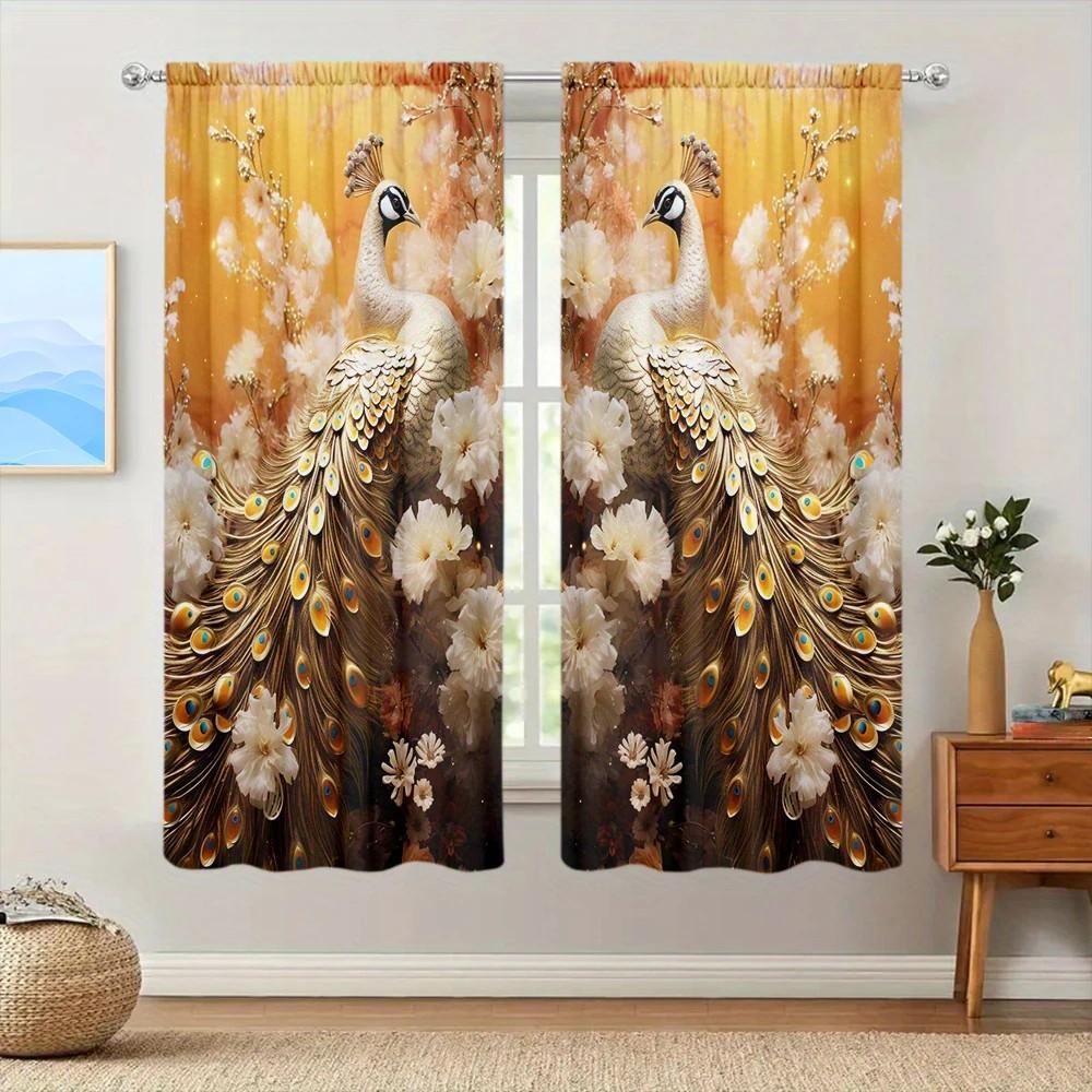 2pcs Elegant Floral Peacock Curtain   Room Darkening   Polyester   Home Decor   Holiday Window   Rod Pocket Curtain