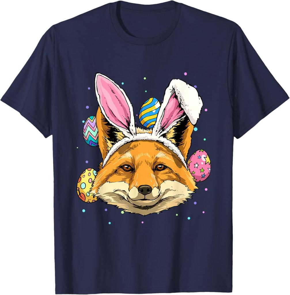 Easter Bunny Fox T-Shirt Funny Fox Lover Animal Graphic Tee Casual Crew Neck Tee