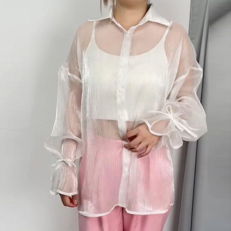 Móda Sexy Průhledná Ležérní Volná košile Ženy Vintage Nafouknutý rukáv Šněrovací Dámské Dámské halenky Elegantní Tenké letní topy Dámské oblečení 26255