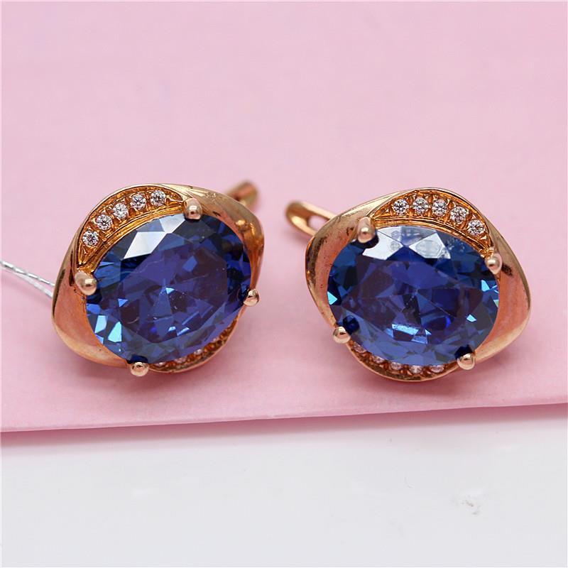 Exquisite Russian 585 Purple Gold Earrings Inlaid With Zircon Blue Egg Surface Fashionable Rose Gold-Plated Colored Gold Earrings