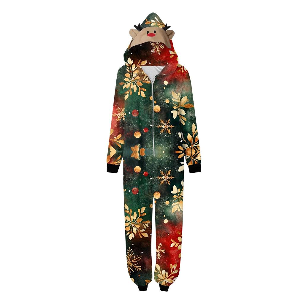 Parent Child Outfit - Christmas Print Family Matching Hooded Long Sleeved Zippered Jumpsuit Set