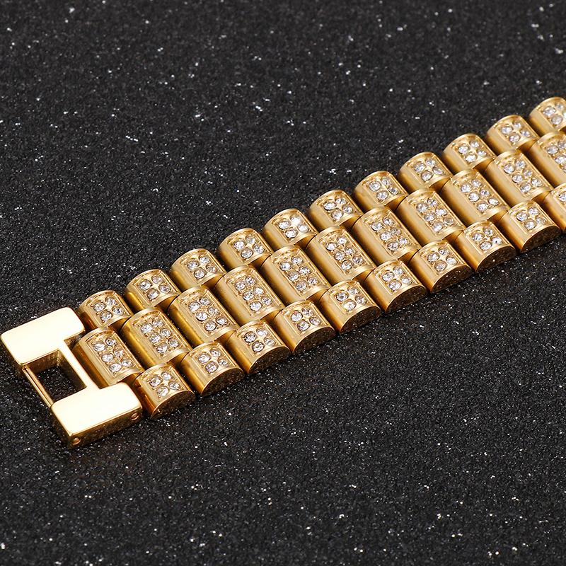 Hiphop 18MM szeroki pasek zegarka łańcuch na rękę bransoletka dla mężczyzn złoty kolor stal nierdzewna biżuteria charm bransoletki dla kobiet panie