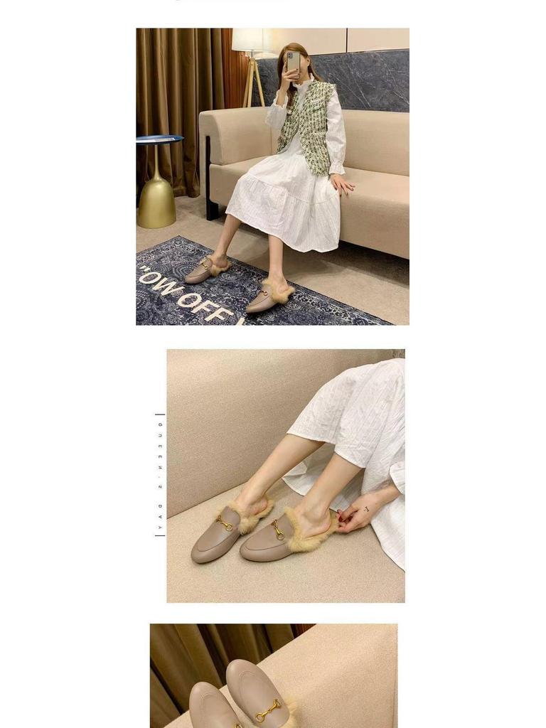 2025 Women's Genuine Leather Furry Half-Slippers with Horsebit Strap - Warm Autumn/Winter Shoes