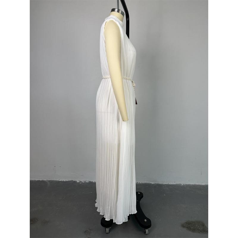 Summer Women's Simple Half High Neck Waist Tie Midi Dresses